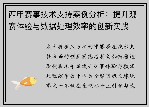 西甲赛事技术支持案例分析：提升观赛体验与数据处理效率的创新实践