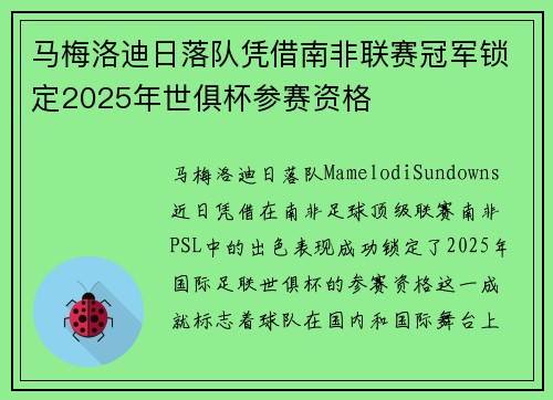 马梅洛迪日落队凭借南非联赛冠军锁定2025年世俱杯参赛资格