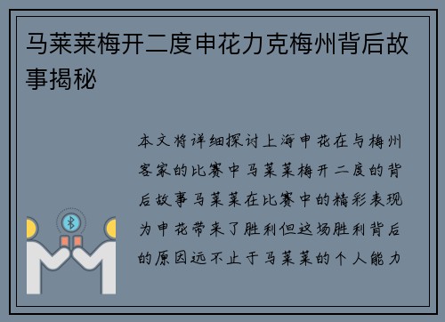 马莱莱梅开二度申花力克梅州背后故事揭秘 马莱莱梅开二度申花力克梅州背后故事揭秘